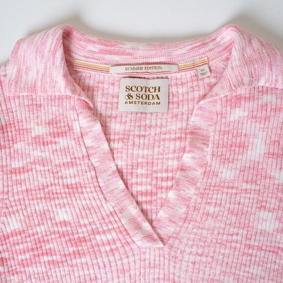 Scotch & Soda Polo Shirt Pink White Ribbed Knit Collared V-Neck Top XS - Picture 5 of 13